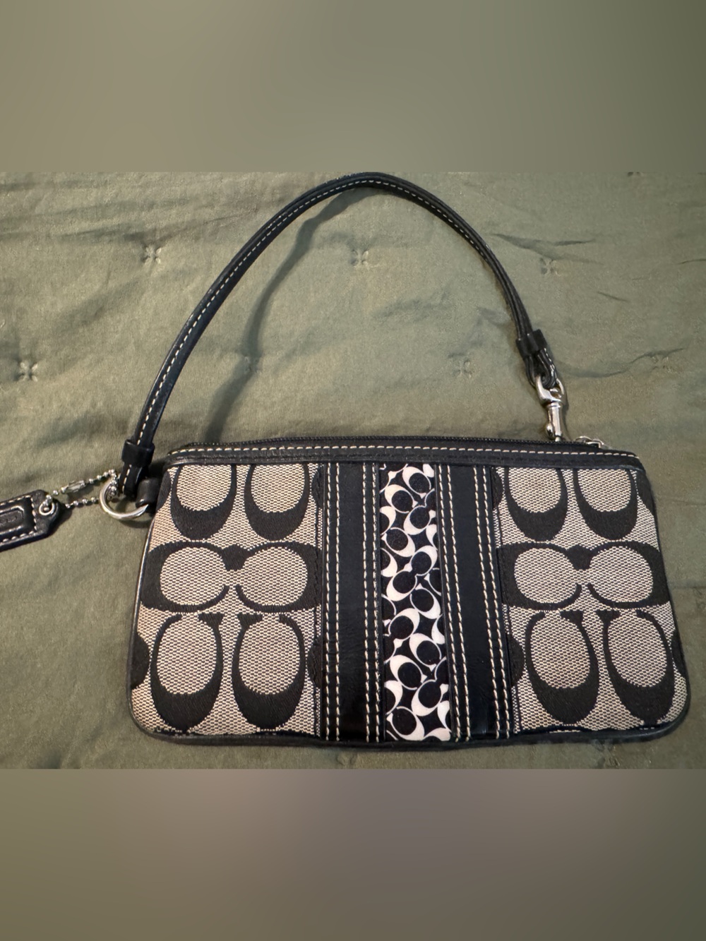 Coach Black and Beige Signature Canvas Wristlet